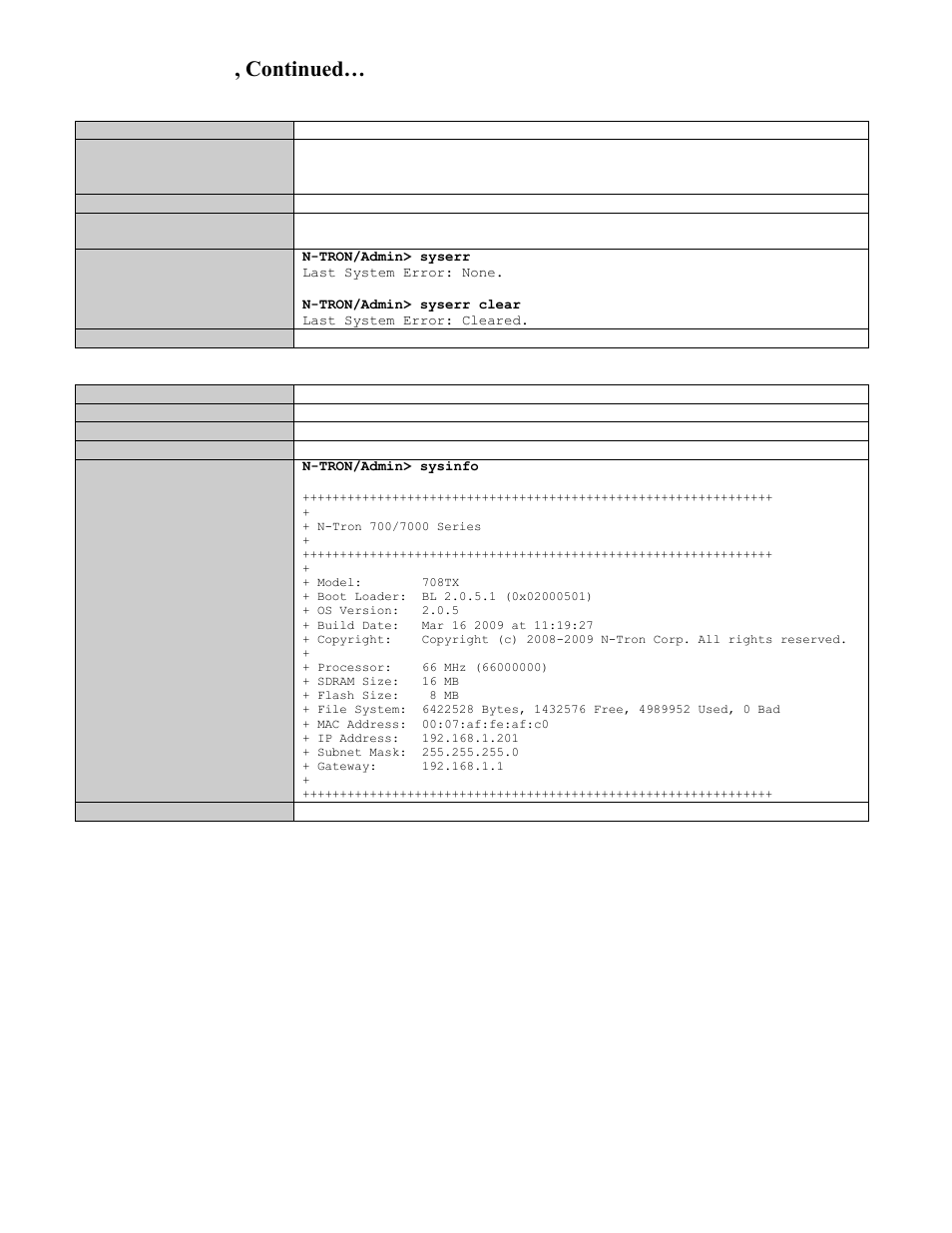 Show or clear the last system error, Show system information, Cli commands, continued | B&B Electronics 708TX - Manual User Manual | Page 136 / 154