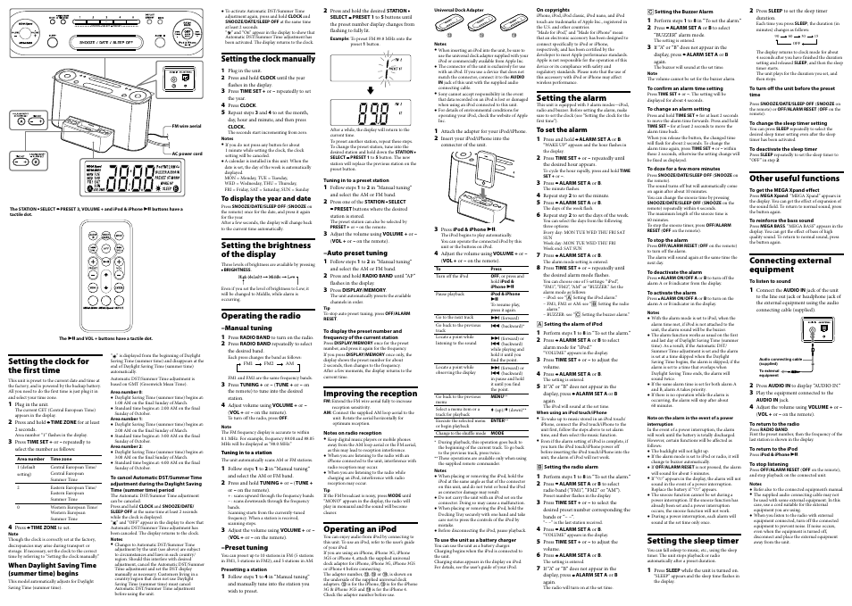 Setting the clock manually, Setting the brightness of the display, Operating the radio | Improving the reception, Operating an ipod, Setting the clock for the first time, Setting the alarm, Setting the sleep timer, Other useful functions, Connecting external equipment | Sony ICF-DS11IP User Manual | Page 2 / 2