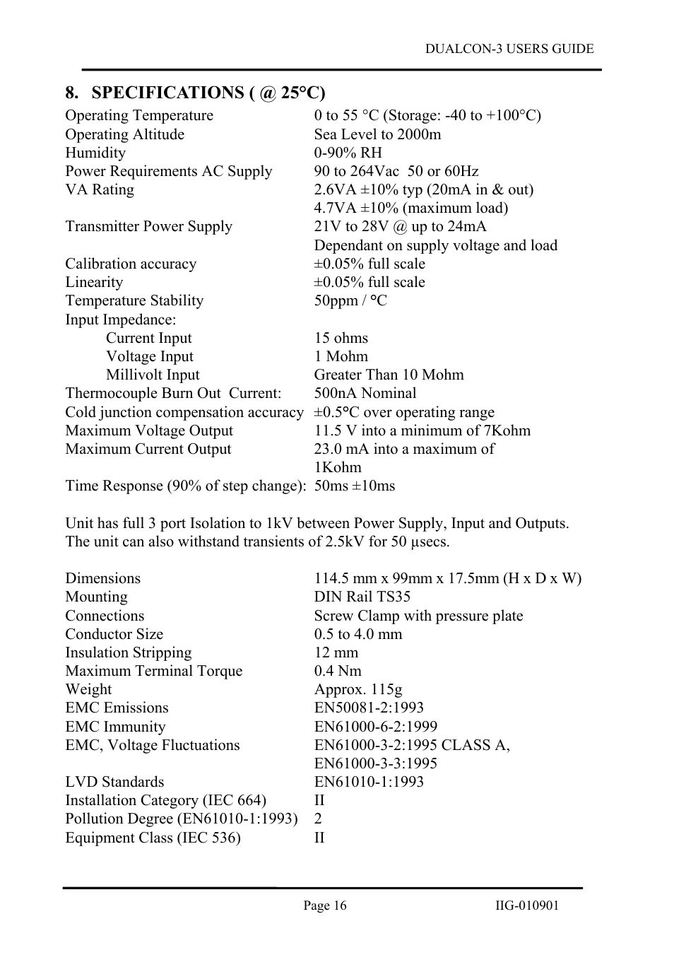 Specifications \( @ 25°c\), Specifications ( @ 25°c) | B&B Electronics DUALCON-3 - Datasheet User Manual | Page 16 / 16