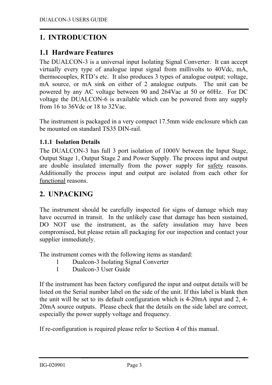Introduction, Hardware features, Isolation details | Unpacking, Introduction 1.1 hardware, Features, 1 isolation, Details | B&B Electronics DUALCON-3 - Datasheet User Manual | Page 3 / 16