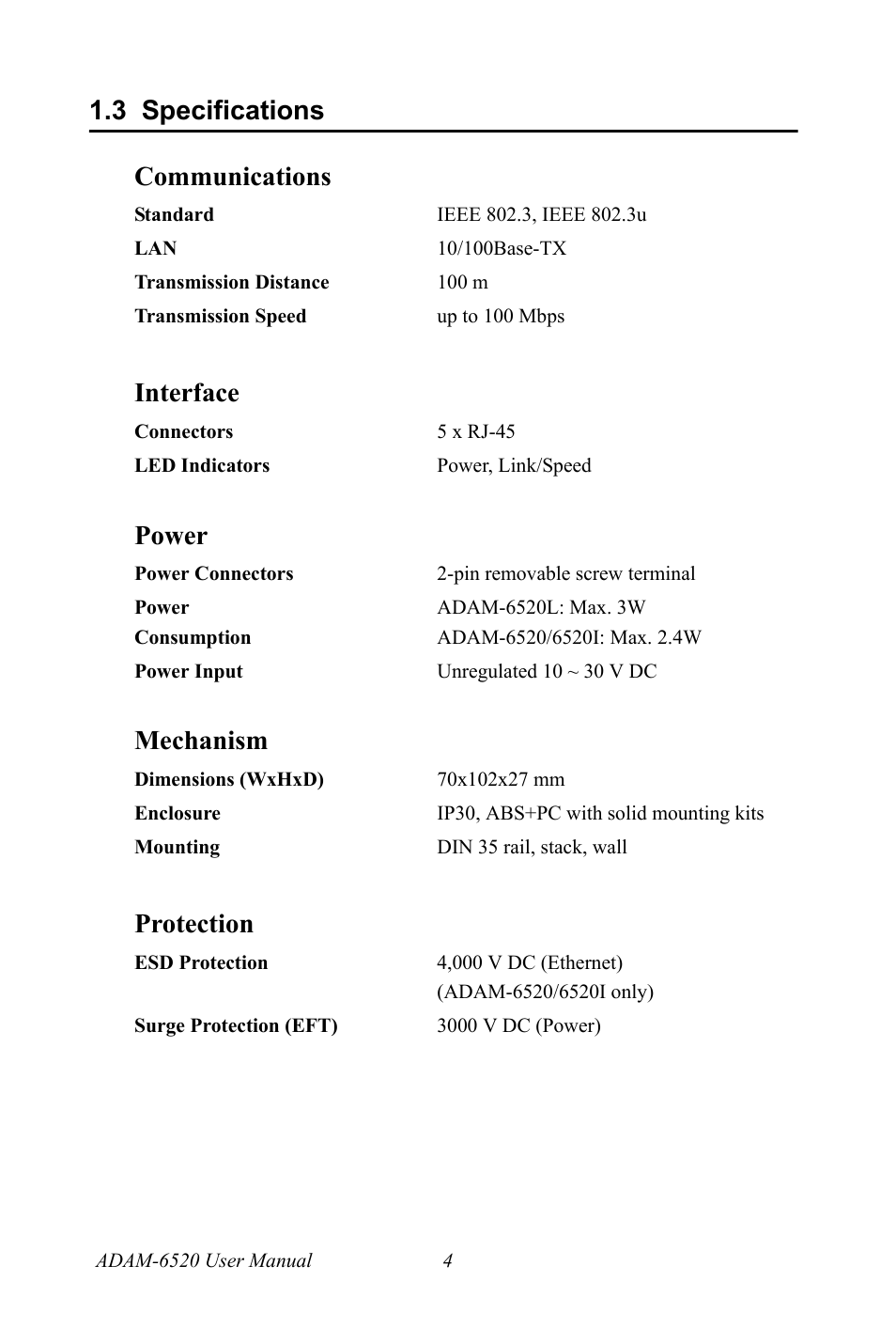 3 specifications, Specifications, 3 specifications communications | Interface, Power, Mechanism, Protection | B&B Electronics ADAM-6520_I_L - Manual User Manual | Page 10 / 20