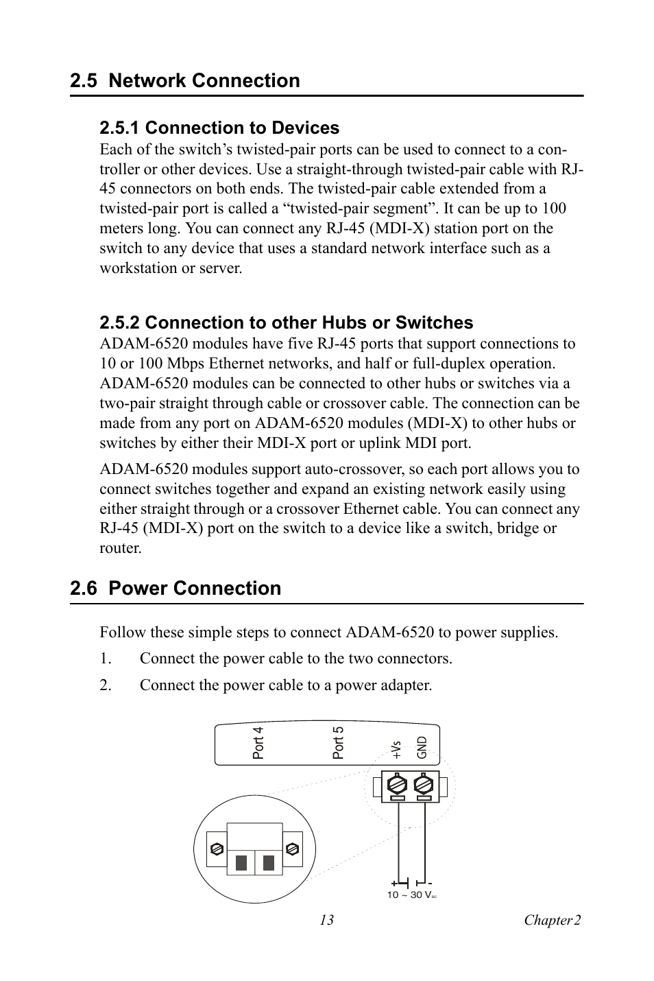 5 network connection, 1 connection to devices, 2 connection to other hubs or switches | 6 power connection, Network connection, Connection to devices, Connection to other hubs or switches, Power connection | B&B Electronics ADAM-6520_I_L - Manual User Manual | Page 19 / 20