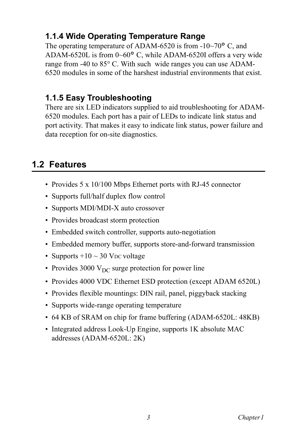 4 wide operating temperature range, 5 easy troubleshooting, 2 features | Wide operating temperature range, Easy troubleshooting, Features | B&B Electronics ADAM-6520_I_L - Manual User Manual | Page 9 / 20