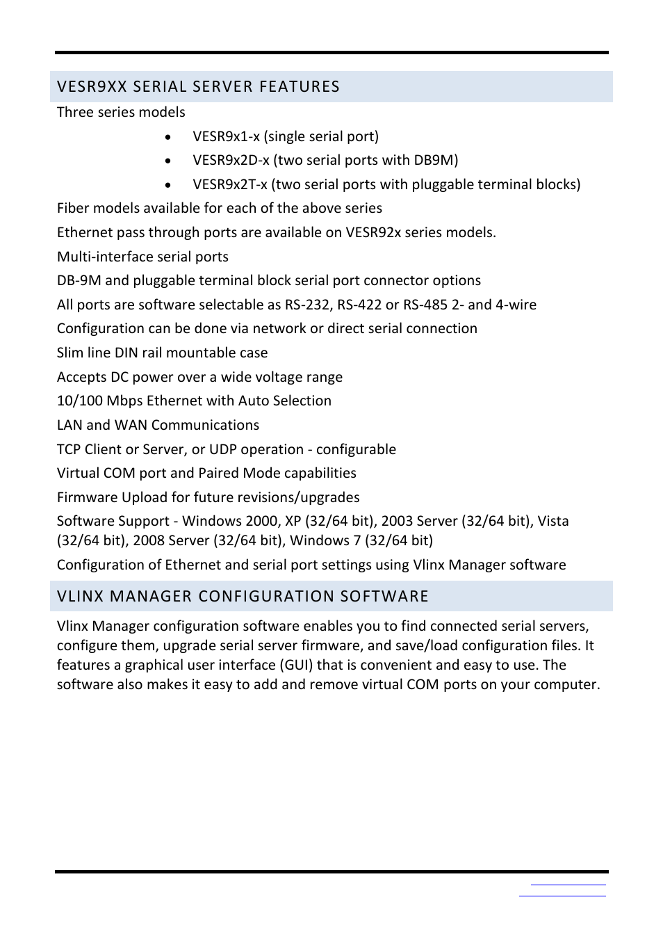 Vesr9xx serial server features, Vlinx manager configuration software | B&B Electronics VESR9xx - Fiber Models - Manual User Manual | Page 11 / 61