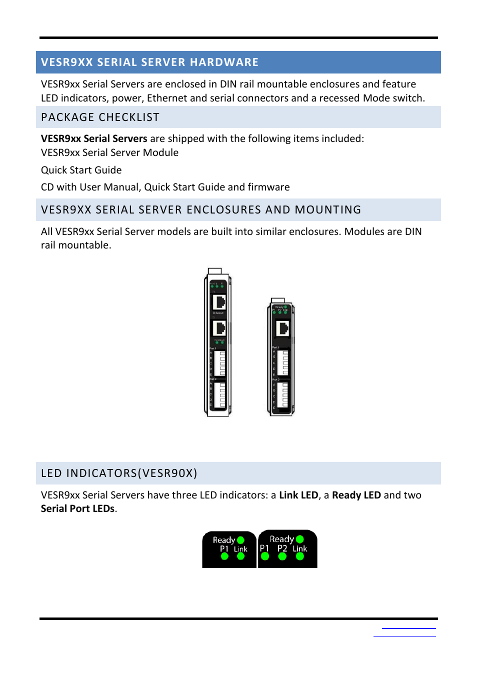 Vesr9xx serial server hardware, Package checklist, Vesr9xx serial server enclosures and mounting | Led indicators(vesr90x) | B&B Electronics VESR9xx - Fiber Models - Manual User Manual | Page 13 / 61