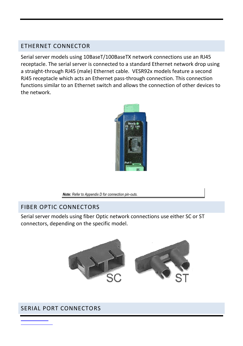 Ethernet connector, Fiber optic connectors, Serial port connectors | B&B Electronics VESR9xx - Fiber Models - Manual User Manual | Page 16 / 61