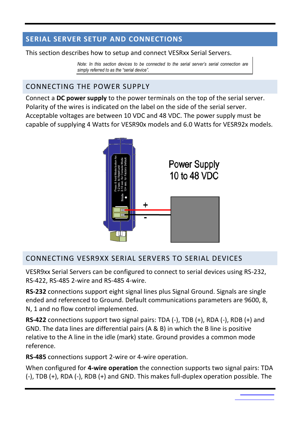 Serial server setup and connections, Connecting the power supply | B&B Electronics VESR9xx - Fiber Models - Manual User Manual | Page 19 / 61