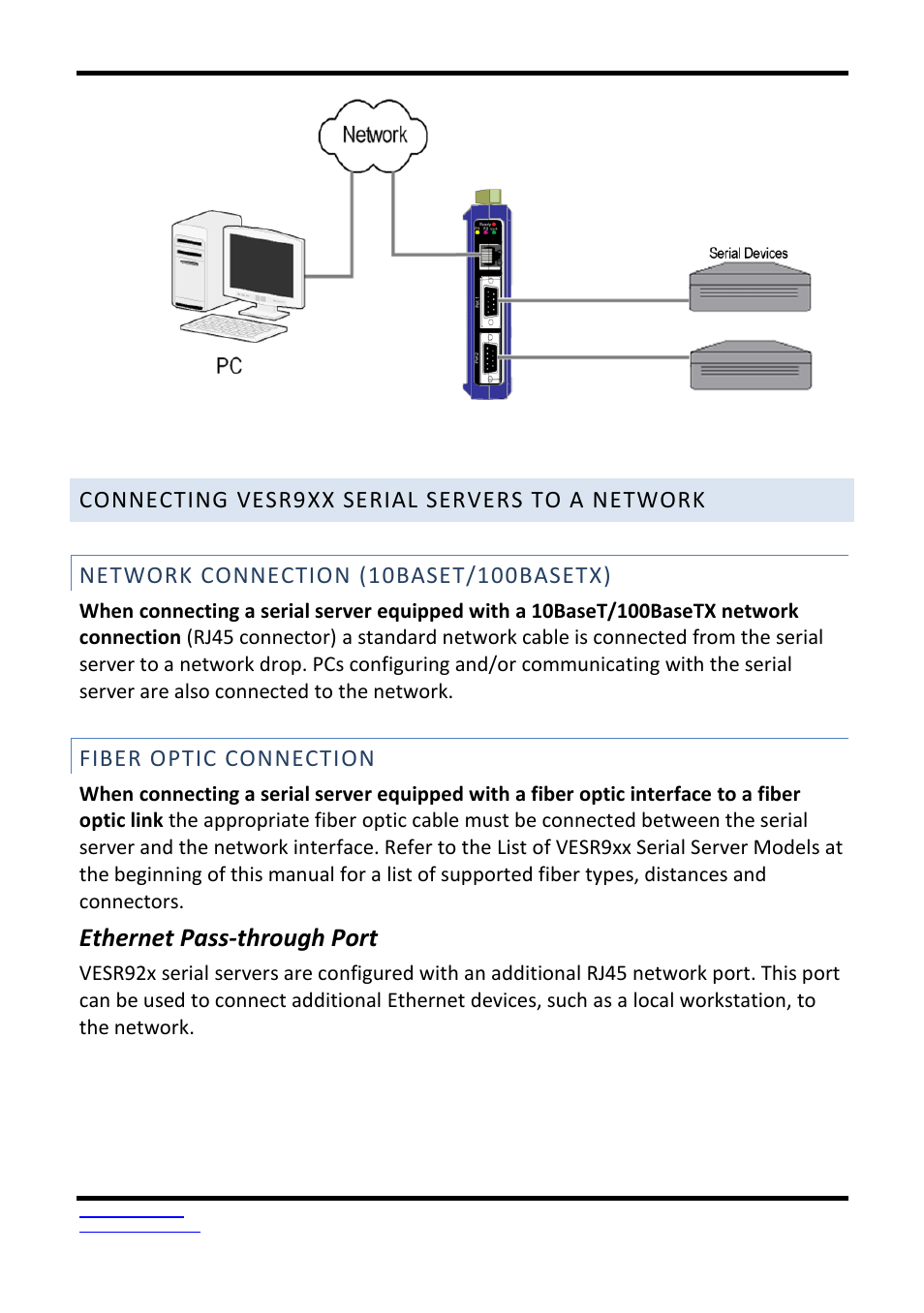 Ethernet pass-through port, Fiber optic connection | B&B Electronics VESR9xx - Fiber Models - Manual User Manual | Page 22 / 61