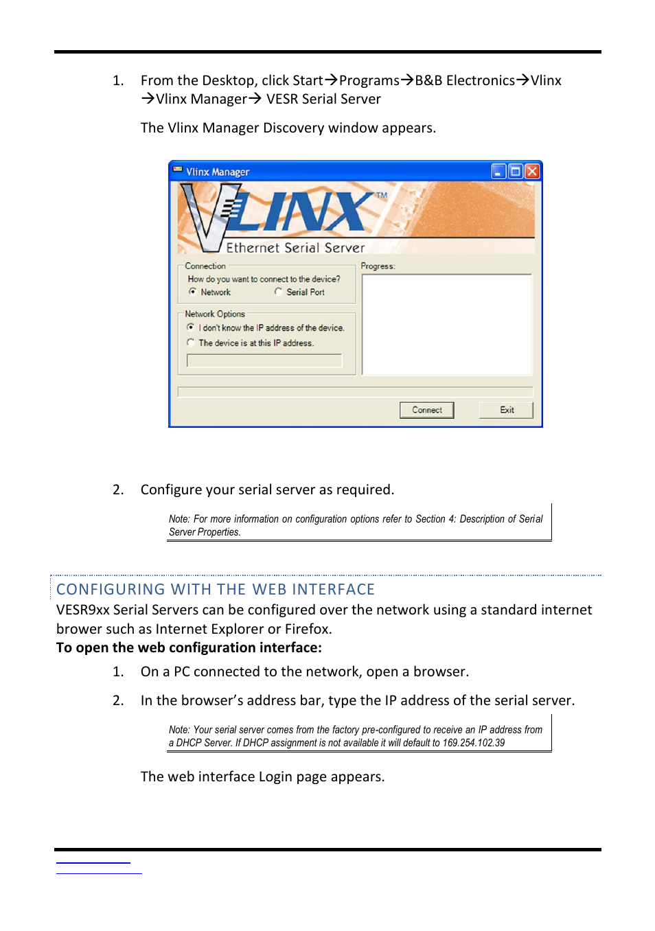 Configuring with the web interface, Configure your serial server as required, The web interface login page appears | B&B Electronics VESR9xx - Fiber Models - Manual User Manual | Page 24 / 61
