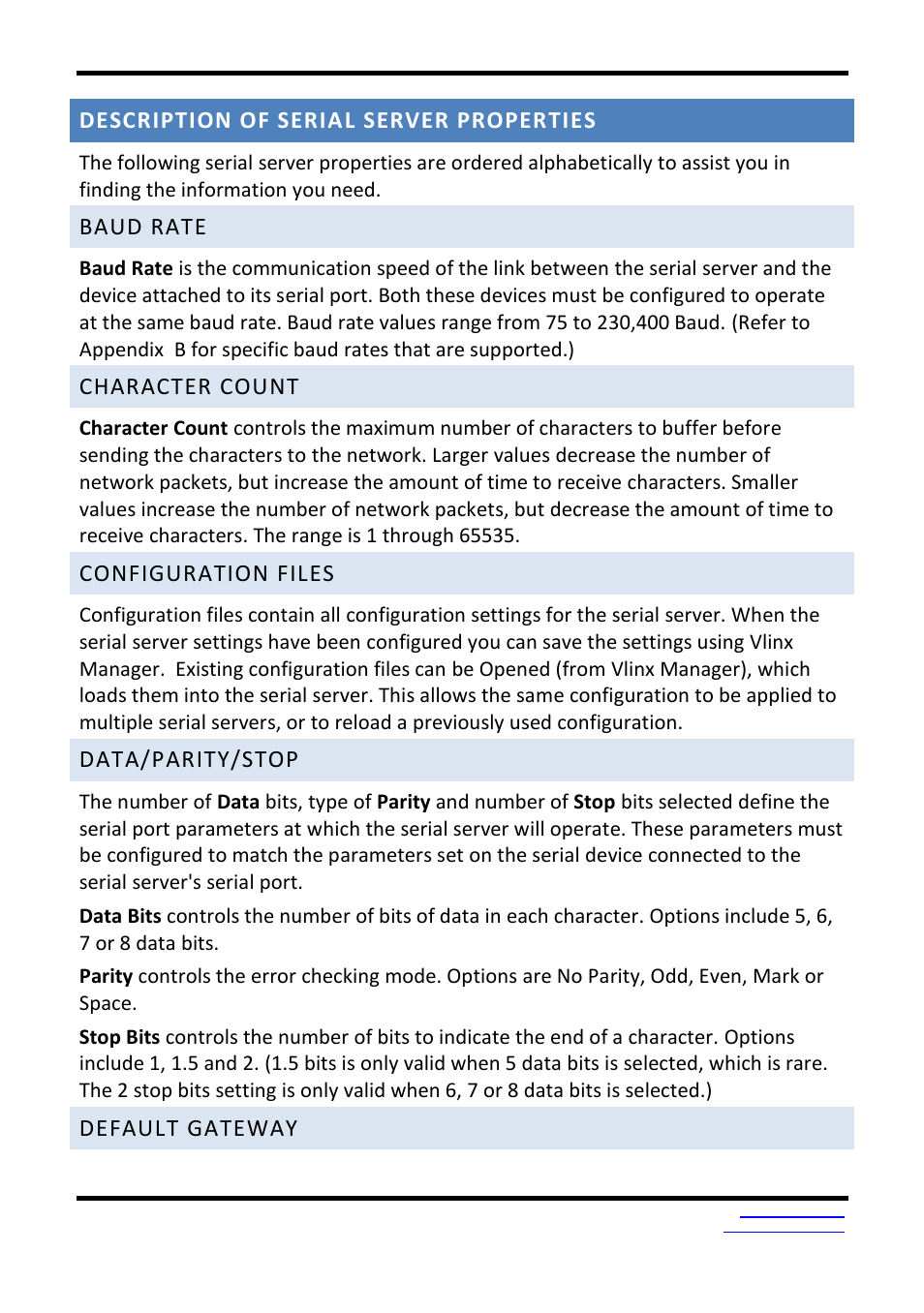 Description of serial server properties, Baud rate, Character count | Configuration files, Data/parity/stop, Default gateway | B&B Electronics VESR9xx - Fiber Models - Manual User Manual | Page 31 / 61