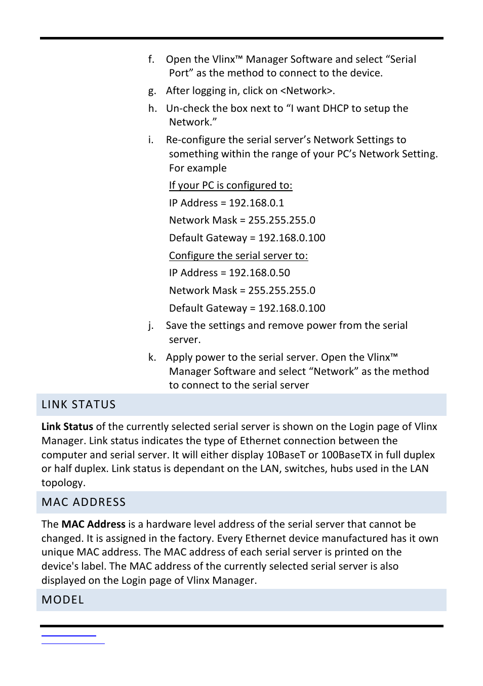 Link status, Mac address, Model | B&B Electronics VESR9xx - Fiber Models - Manual User Manual | Page 36 / 61