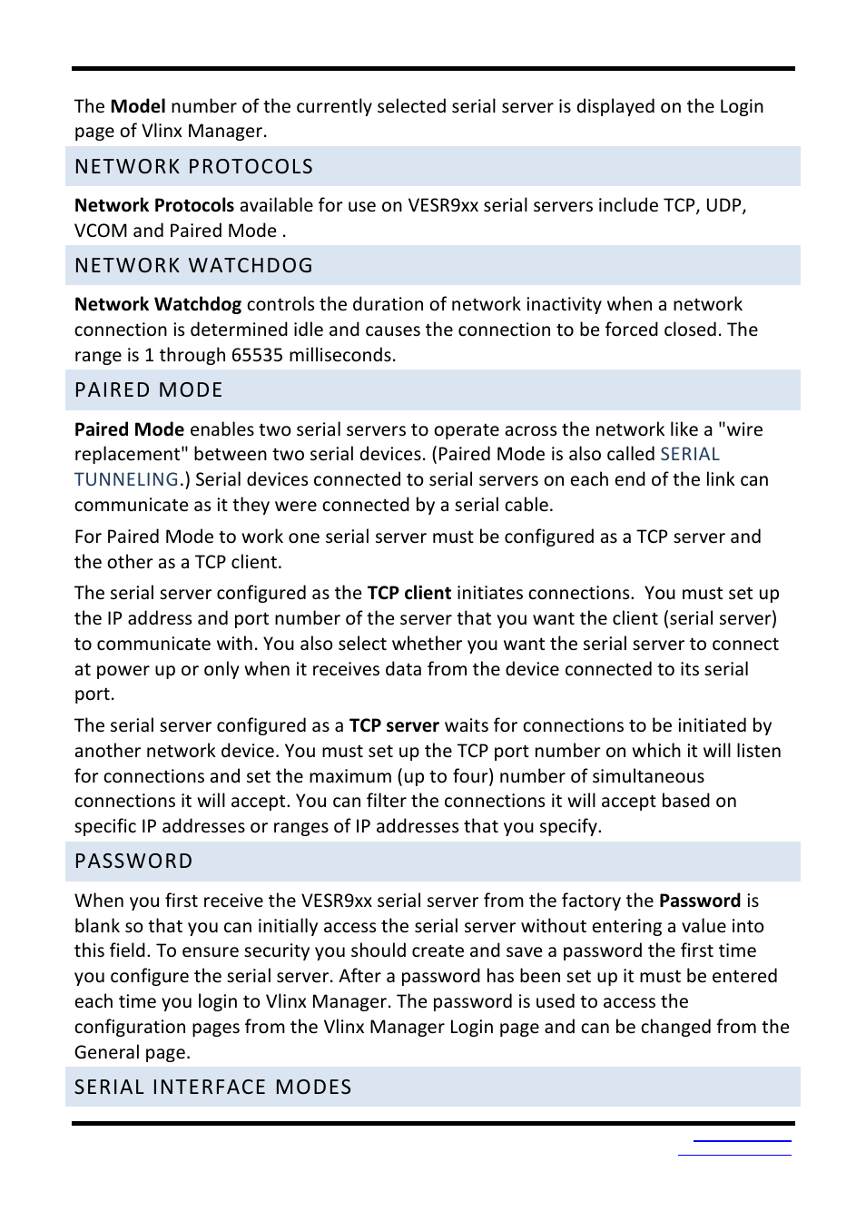 Network protocols, Network watchdog, Paired mode | Password, Serial interface modes | B&B Electronics VESR9xx - Fiber Models - Manual User Manual | Page 37 / 61