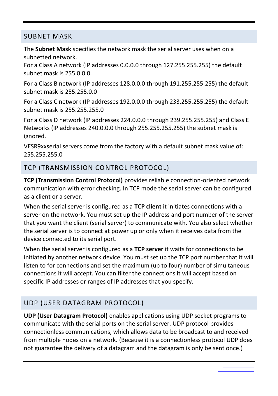 Subnet mask, Tcp (transmission co ntrol protocol), Udp (user datagram protocol) | B&B Electronics VESR9xx - Fiber Models - Manual User Manual | Page 39 / 61