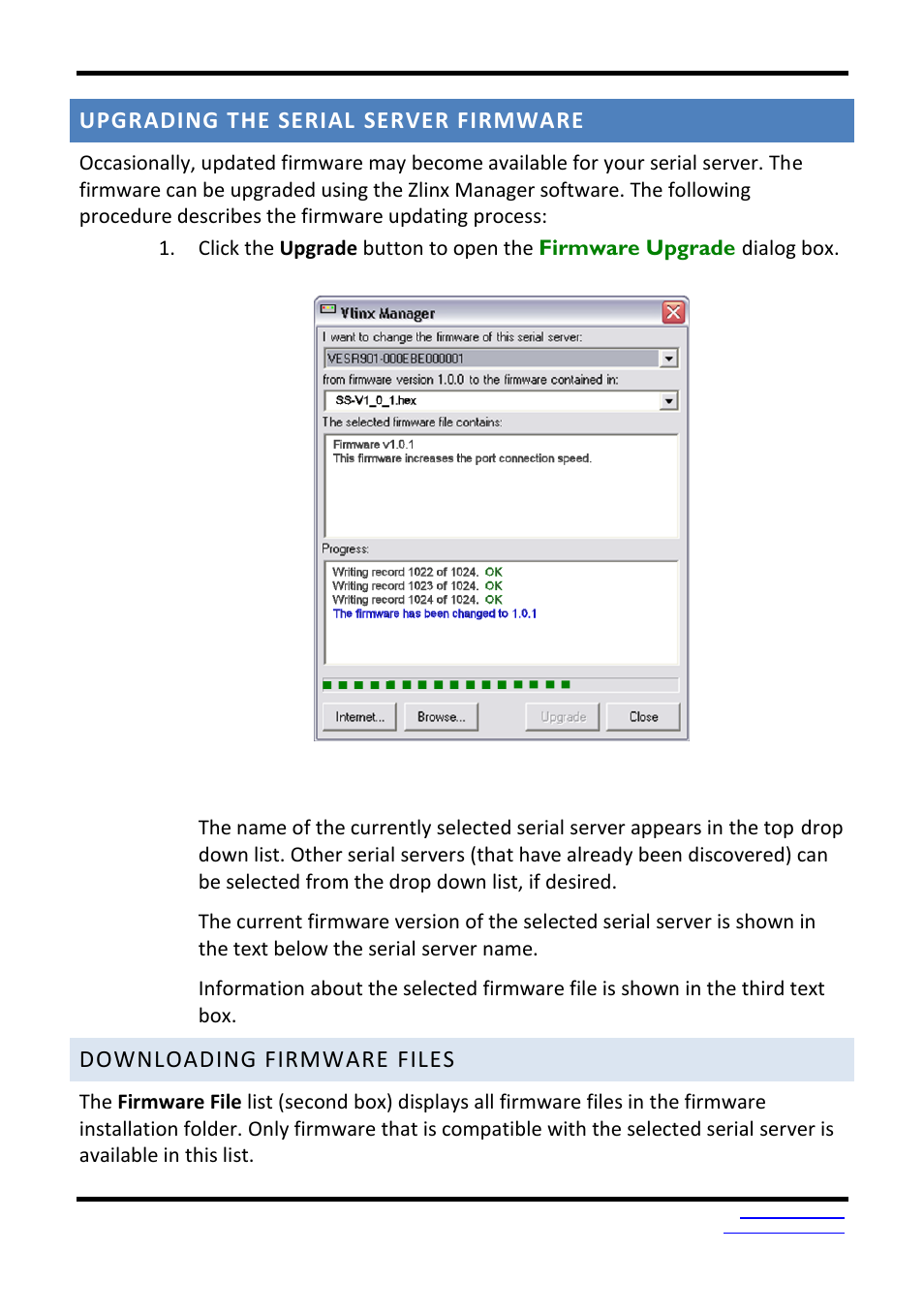 Upgrading the serial server firmware, Downloading firmware files | B&B Electronics VESR9xx - Fiber Models - Manual User Manual | Page 41 / 61