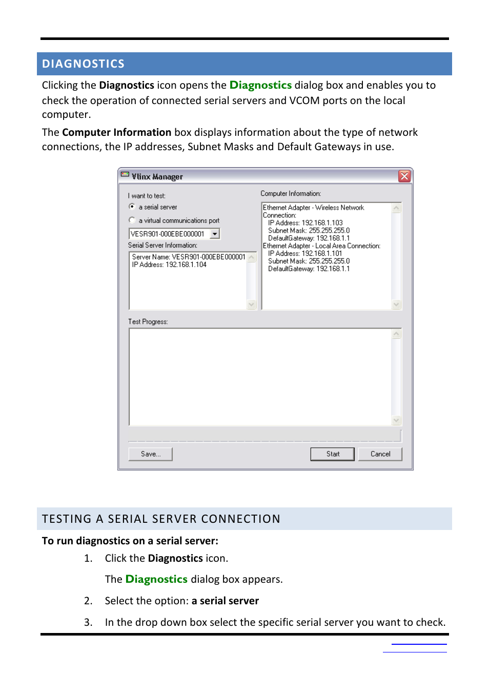 Diagnostics, Testing a serial server connection | B&B Electronics VESR9xx - Fiber Models - Manual User Manual | Page 43 / 61