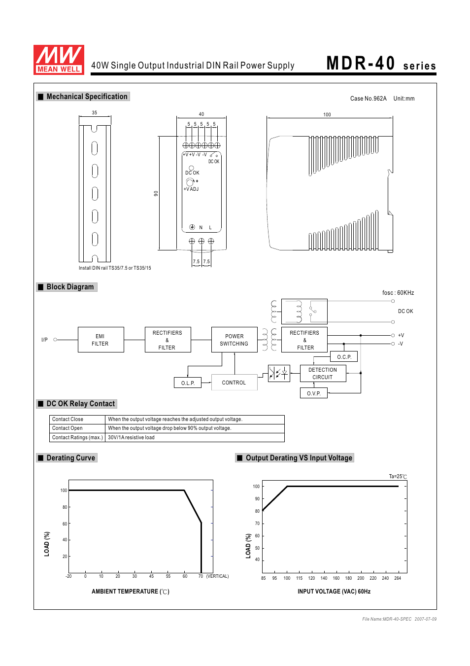 M d r - 4 0, 40w single output industrial din rail power supply, Output derating vs input voltage | Derating curve | B&B Electronics MDR-40 Series - Datasheet User Manual | Page 2 / 2