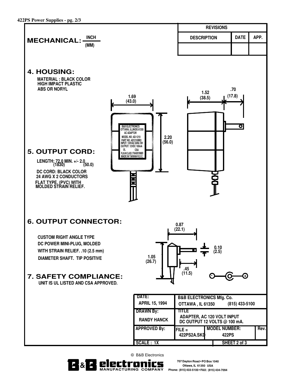 Safety compliance, Output connector, Output cord | Housing: mechanical | B&B Electronics 422PS - Datasheet User Manual | Page 2 / 3