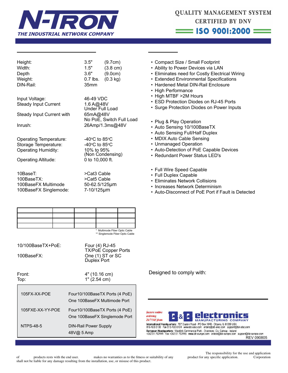 Benefits, 105fx-poe specifications, Contact information | B&B Electronics 105FXE-SC(ST)-15-POE - Datasheet User Manual | Page 2 / 3