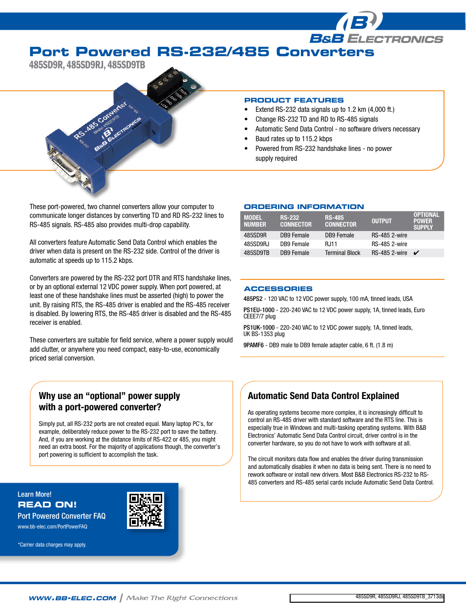 B&B Electronics 485SD9R - Datasheet User Manual | 2 pages