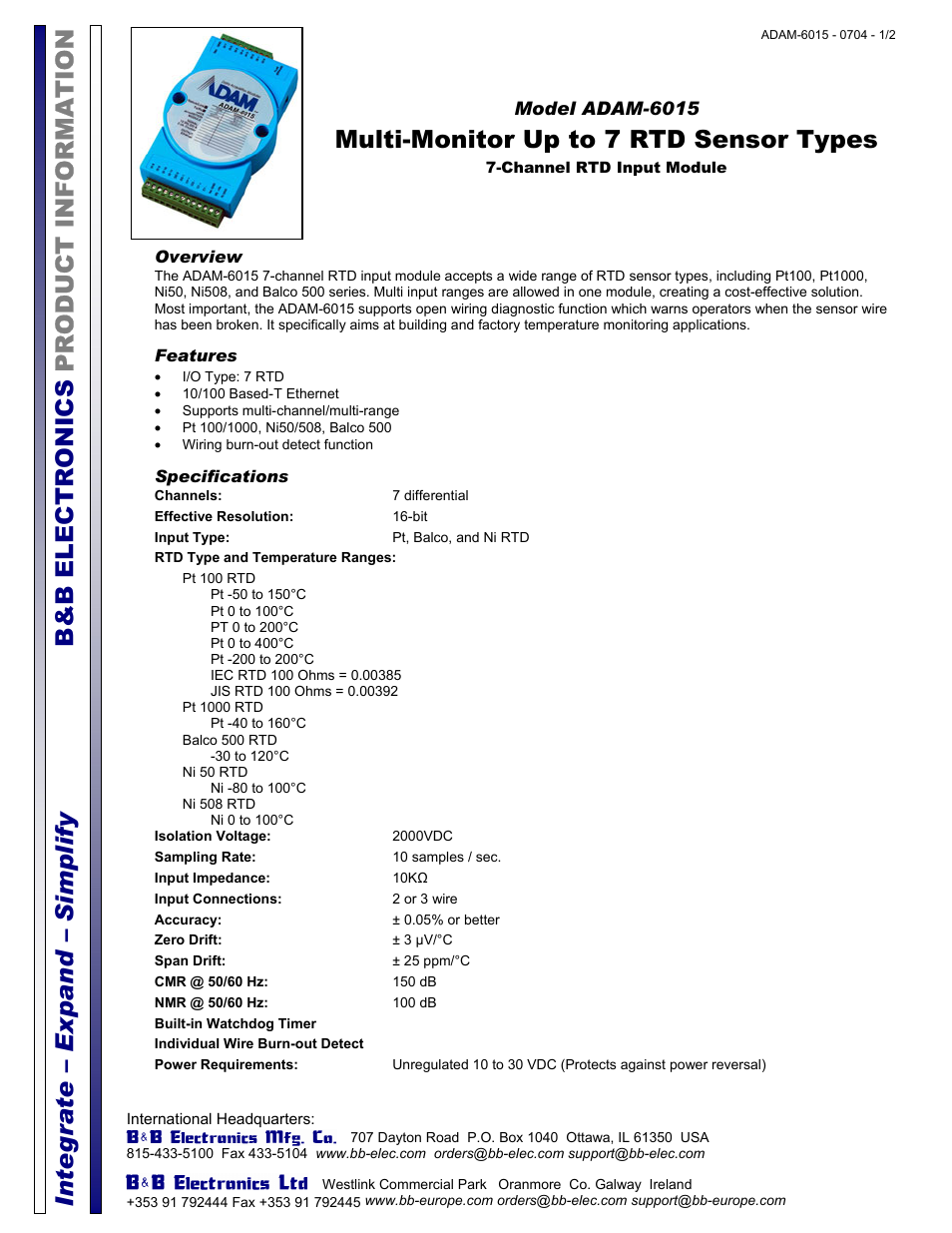 B&B Electronics ADAM-6015 - Datasheet User Manual | 2 pages