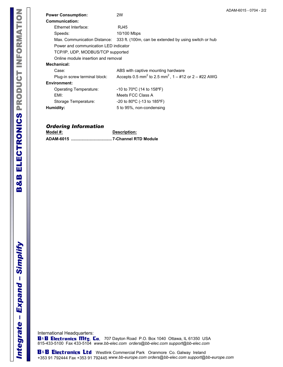 B&B Electronics ADAM-6015 - Datasheet User Manual | Page 2 / 2