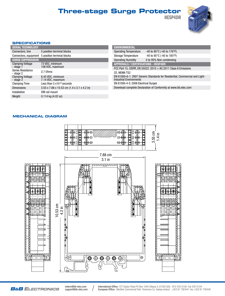 Three-stage surge protector, Hesp4dr | B&B Electronics HESP4DR - Datasheet User Manual | Page 2 / 2