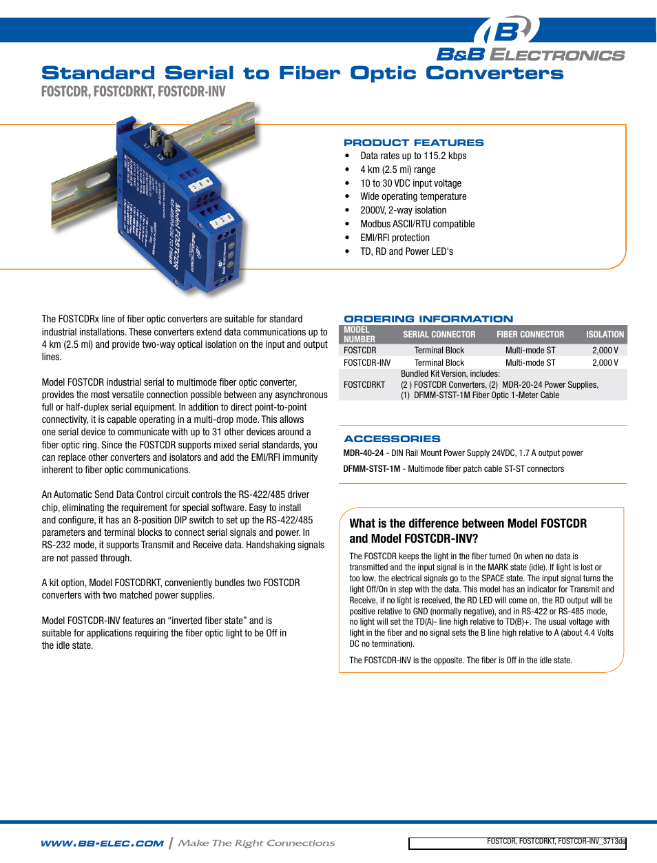B&B Electronics FOSTCDRKT - Datasheet User Manual | 2 pages