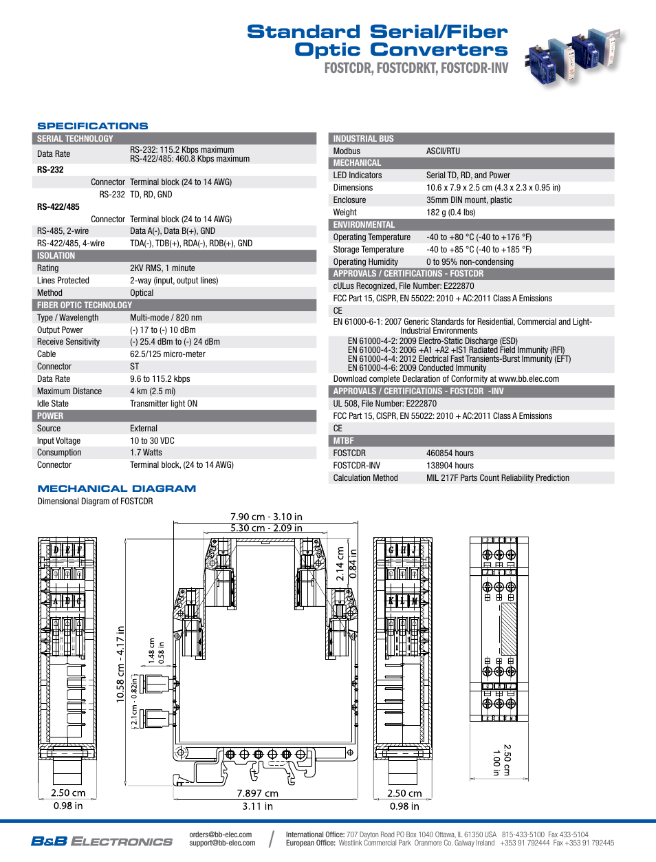 Standard serial/fiber optic converters, Fostcdr, fostcdrkt, fostcdr-inv | B&B Electronics FOSTCDRKT - Datasheet User Manual | Page 2 / 2