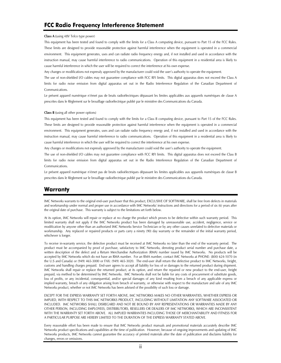 Ii fcc radio frequency interference statement, Warranty | B&B Electronics 854-11121 - Manual User Manual | Page 2 / 60
