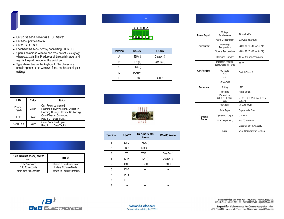 Test and verify operation, Led status indicators, Reset switch operation | Serial port pinout - db-9, Serial port pinout – terminal blk, Specifications | B&B Electronics VESP211 Series - Quick Start Guide User Manual | Page 2 / 2