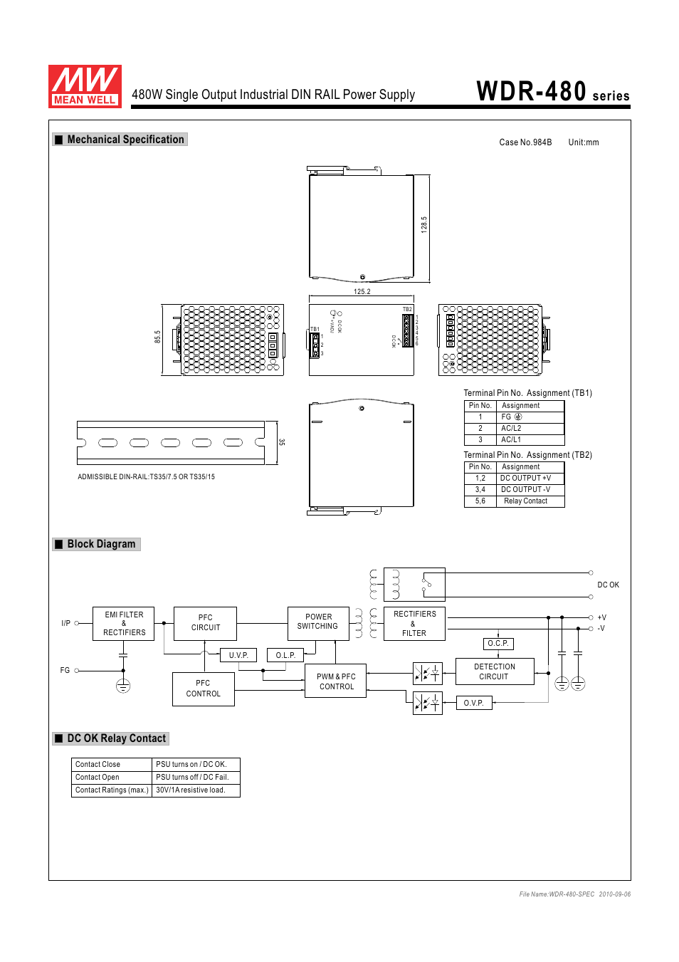 Wdr-480, Mechanical specification, Block diagram dc ok relay contact | B&B Electronics WDR- 480 Series - Datasheet User Manual | Page 2 / 3