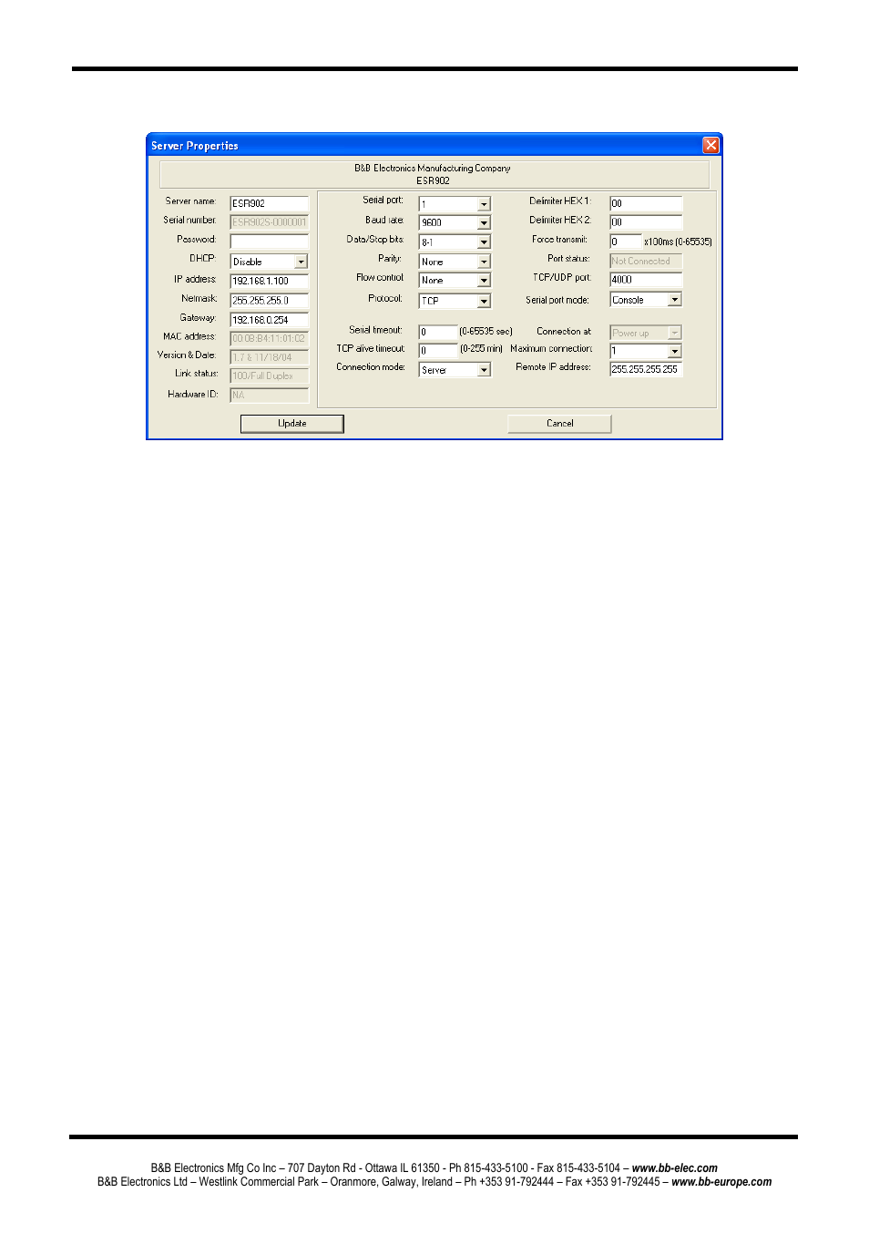 Escription of the, Erver, Roperties | Server name, Serial number, Password, Dhcp, Description of the server properties | B&B Electronics ESR904 - Manual User Manual | Page 42 / 89