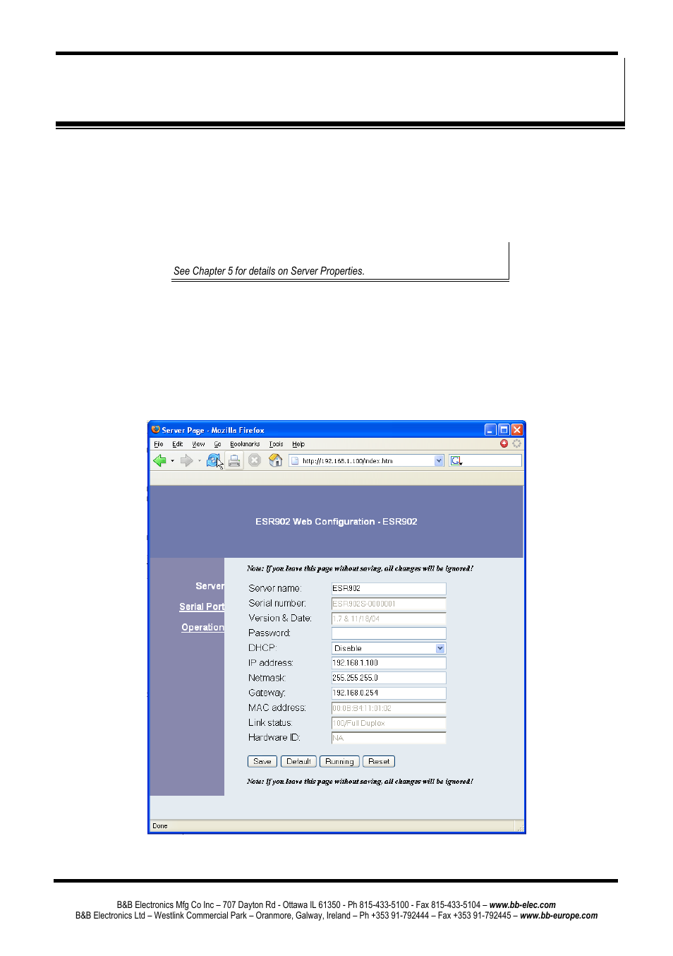 Chapter 10: using the web server, Etting, Erver | Roperties | B&B Electronics ESR904 - Manual User Manual | Page 67 / 89