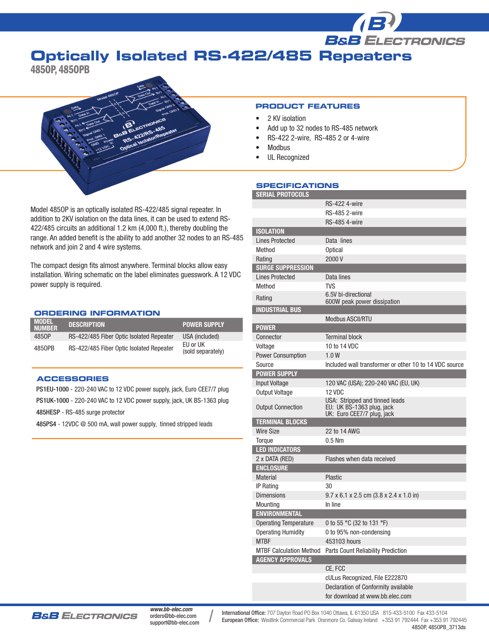 B&B Electronics 485OP - Datasheet User Manual | 1 page