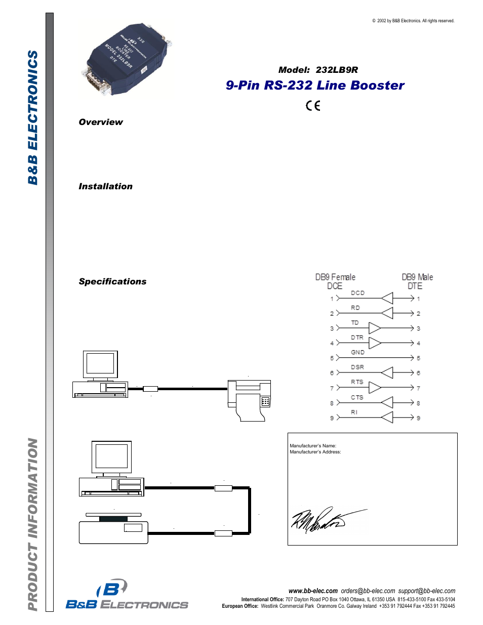 B&B Electronics 232LB9R - Datasheet User Manual | 1 page