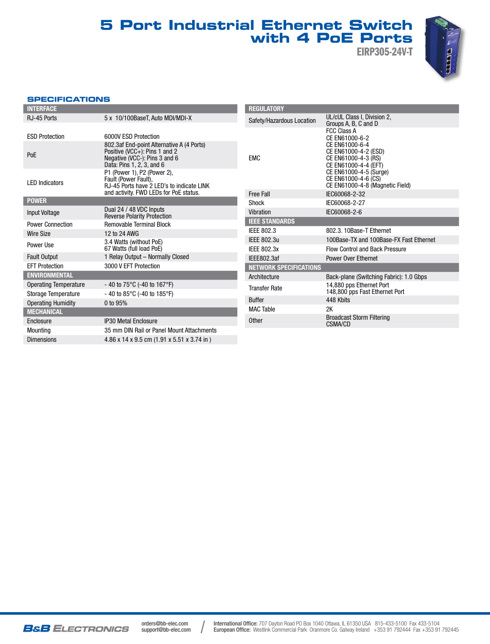 5 port industrial ethernet switch with 4 poe ports | B&B Electronics EIRP305-24V-T - Datasheet User Manual | Page 2 / 2