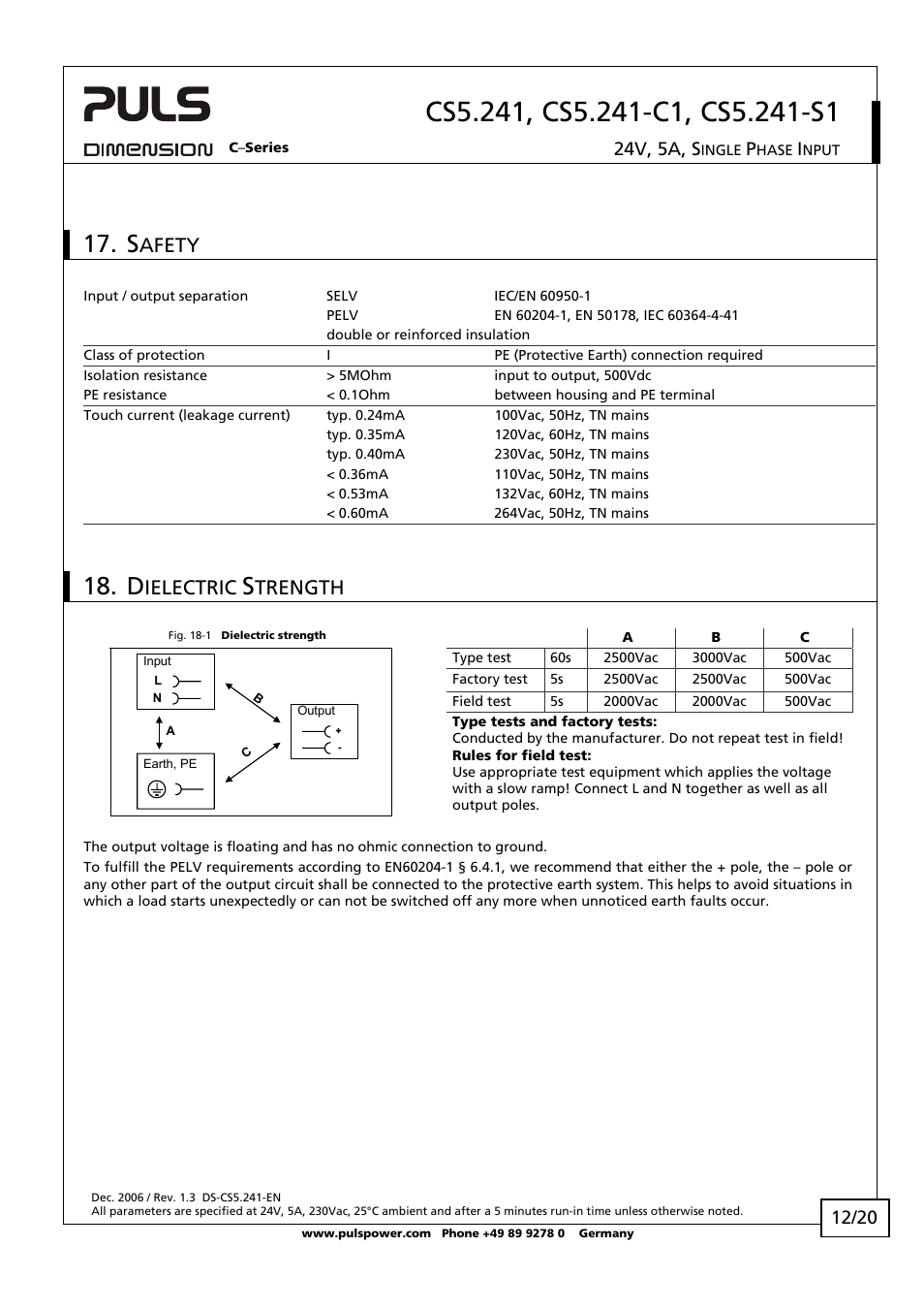 Afety, Ielectric, Trength | 24v, 5a, s | B&B Electronics NTPS-24-5 - Datasheet User Manual | Page 12 / 20