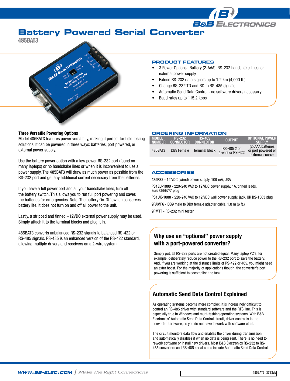 B&B Electronics 485BAT3 - Datasheet User Manual | 2 pages