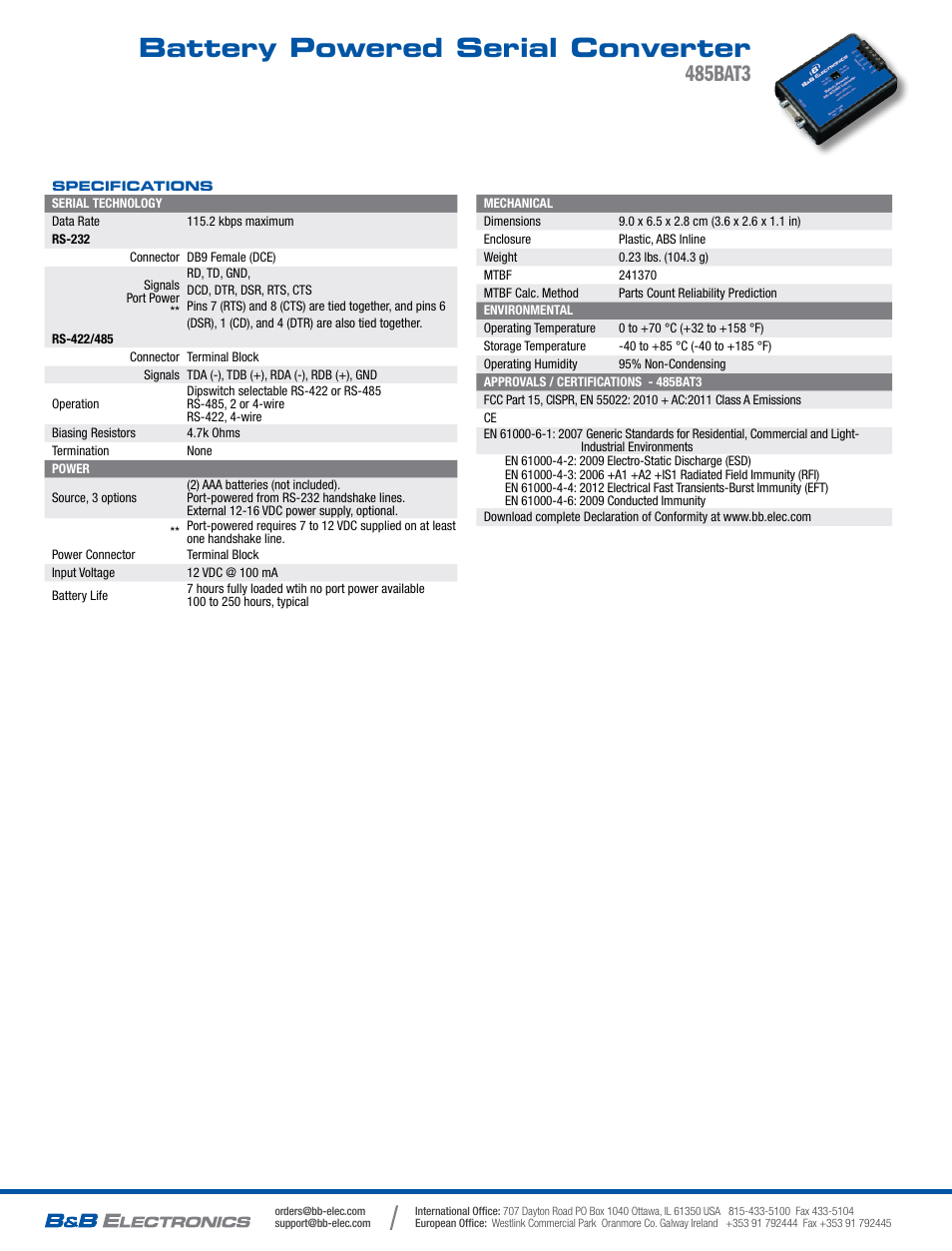 Battery powered serial converter, 485bat3 | B&B Electronics 485BAT3 - Datasheet User Manual | Page 2 / 2