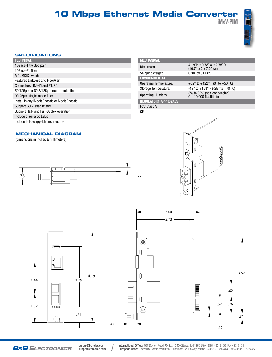 10 mbps ethernet media converter, Imcv-pim | B&B Electronics 850-14940--49 - Datasheet User Manual | Page 2 / 2