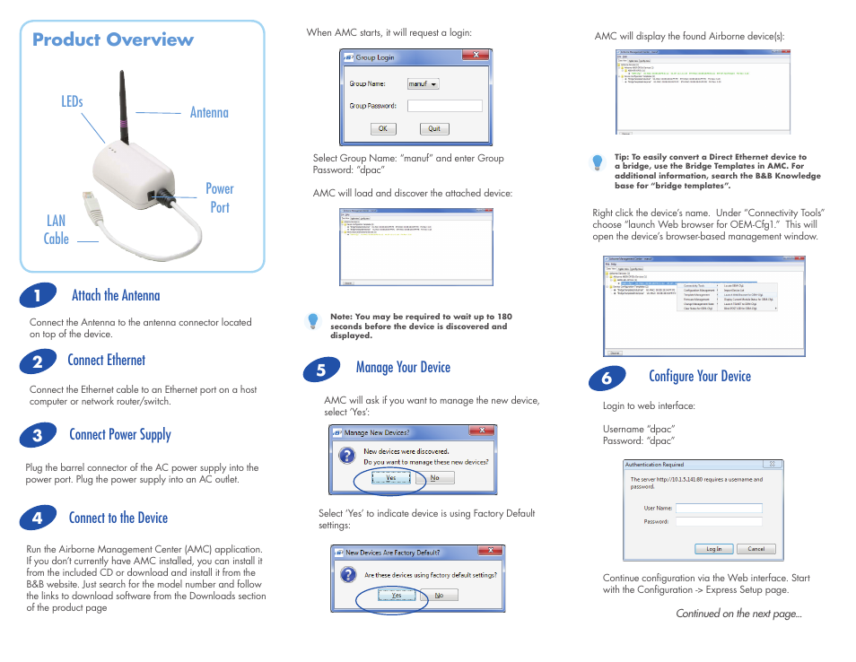 Product overview, Connect ethernet attach the antenna, Lan cable | Connect power supply, Power port, Connect to the device, Antenna leds, Manage your device, Configure your device | B&B Electronics ABDN-ER-DP551 - Quick Start Guide User Manual | Page 2 / 2