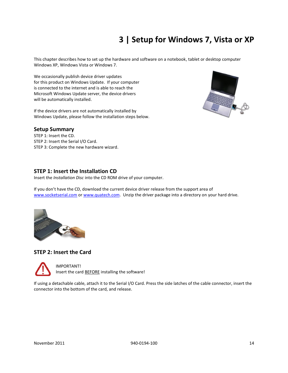 3 | setup for windows 7, vista or xp, Setup summary, Step 1: insert the installation cd | Step 2: insert the card | B&B Electronics SL2736-698 - Manual User Manual | Page 14 / 29