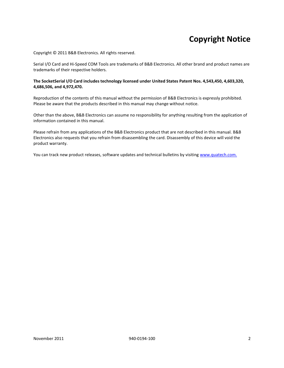 Copyright notice | B&B Electronics SL2736-698 - Manual User Manual | Page 2 / 29