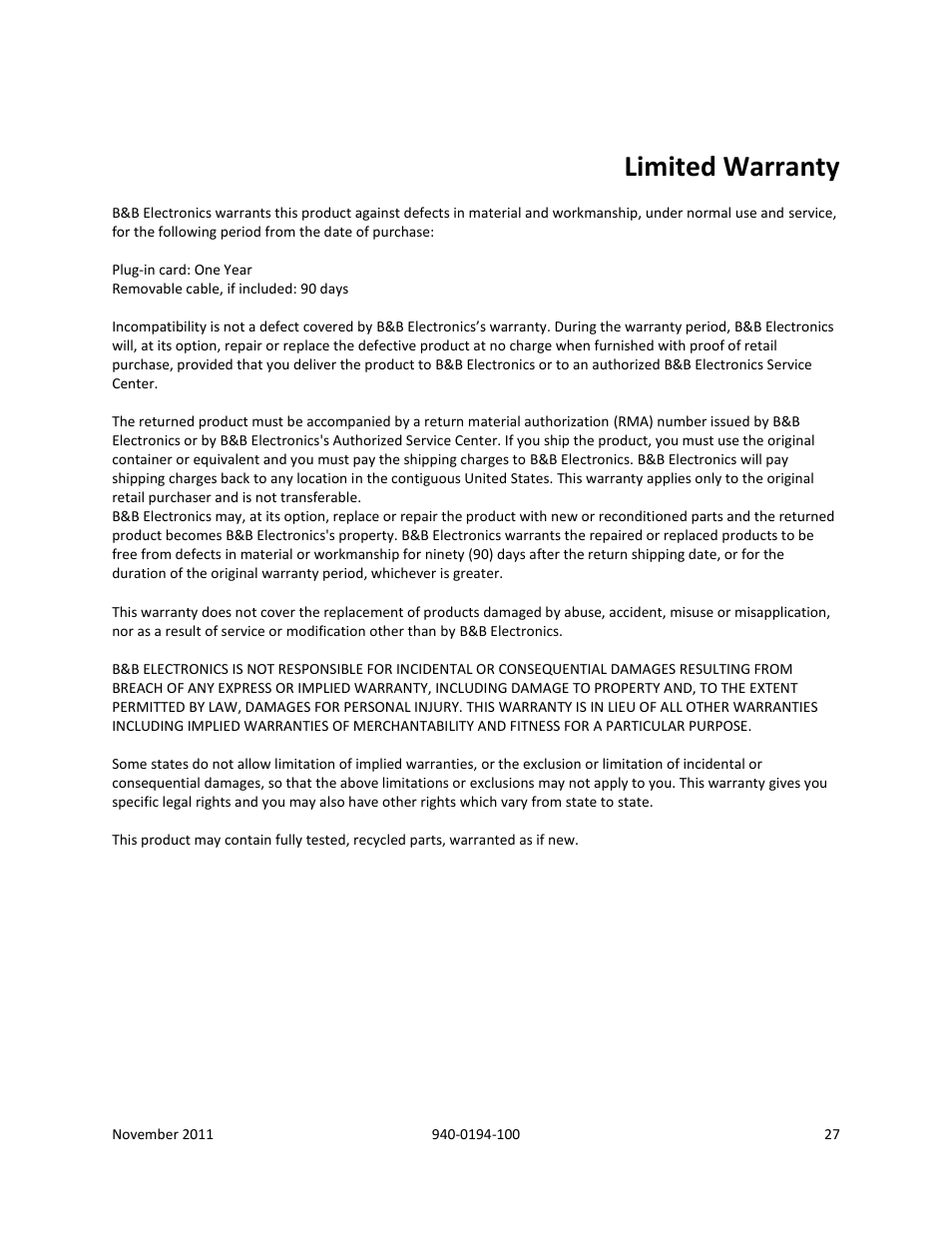Limited warranty | B&B Electronics SL2736-698 - Manual User Manual | Page 27 / 29