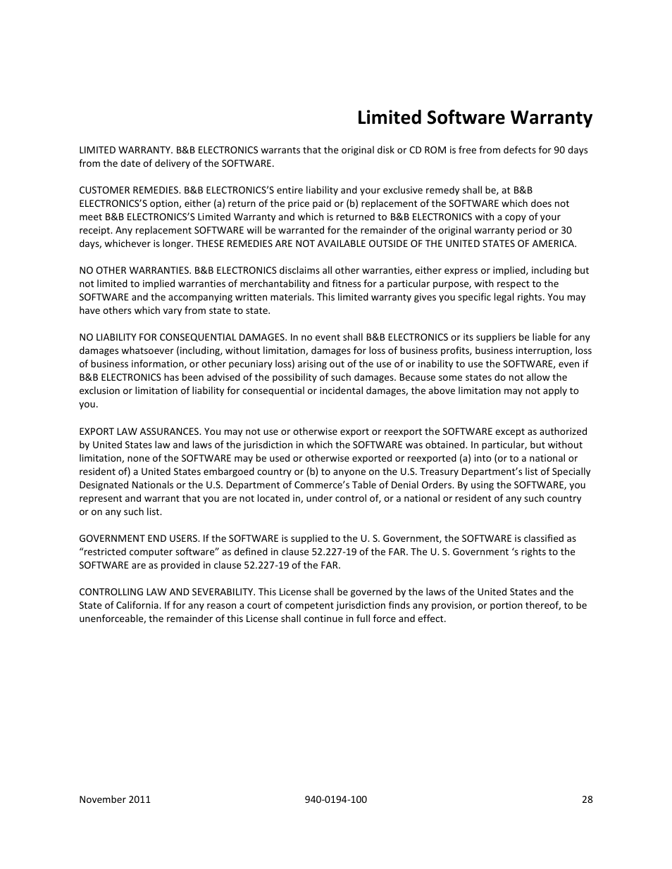 Limited software warranty | B&B Electronics SL2736-698 - Manual User Manual | Page 28 / 29