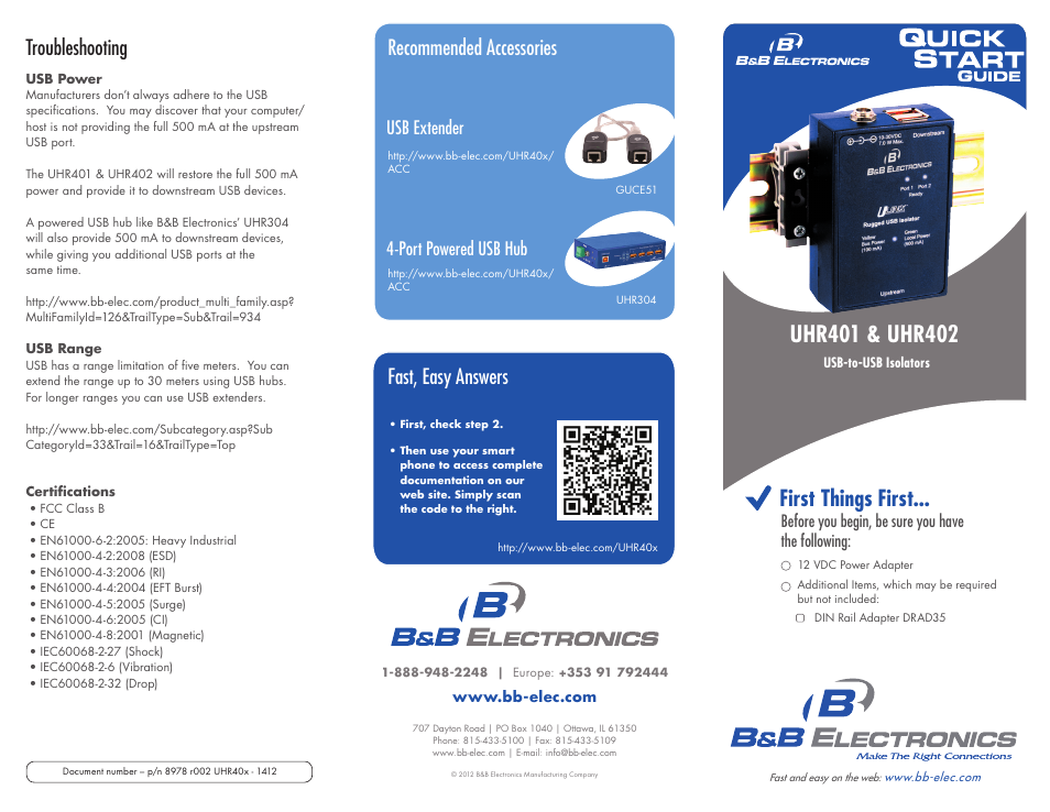 First things first, Troubleshooting, Recommended accessories | Fast, easy answers, Port powered usb hub usb extender, Before you begin, be sure you have the following | B&B Electronics UHR402 - Quick Start Guide User Manual | Page 2 / 2