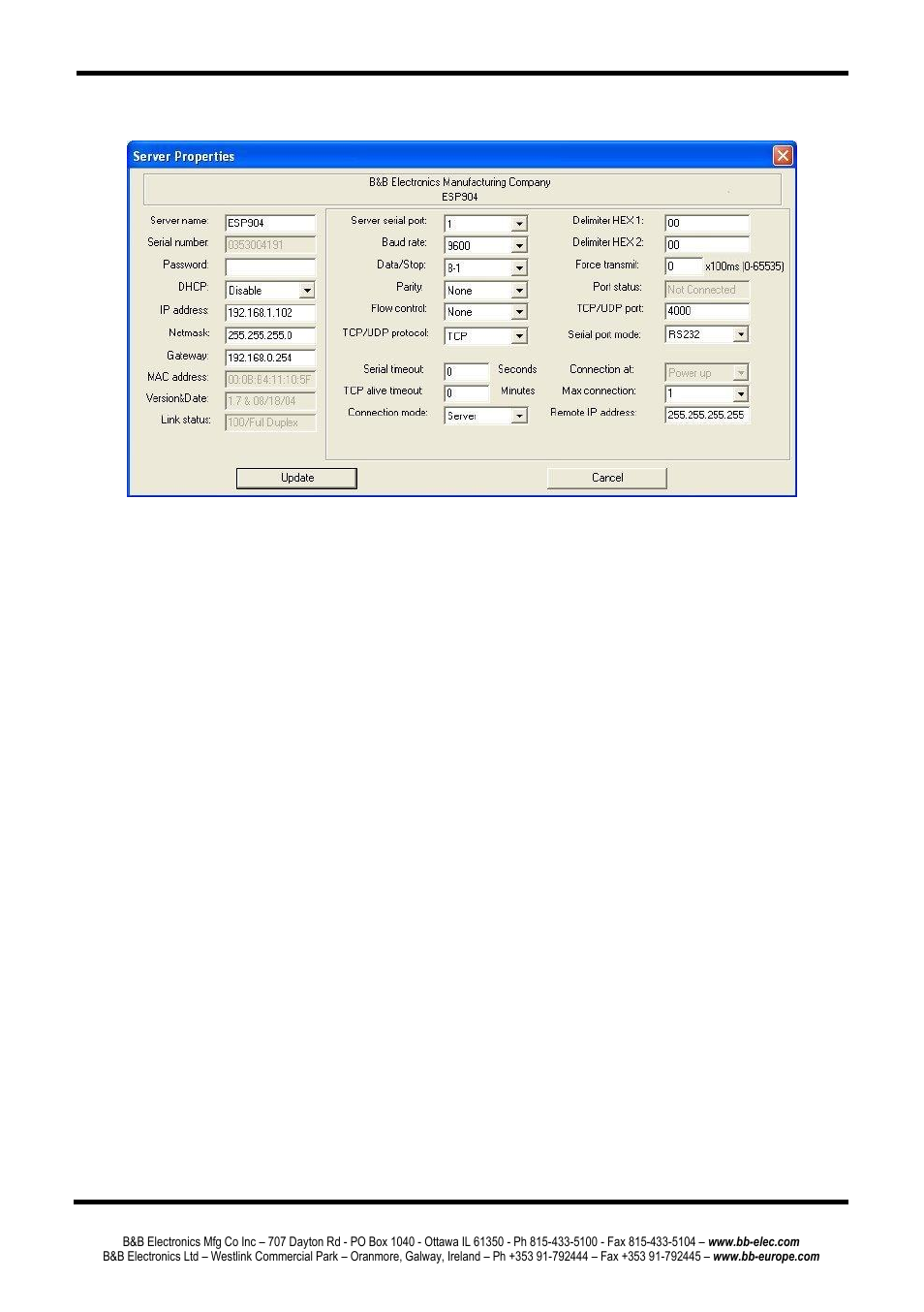 Escription of the, Erver, Roperties | Server name, Serial number, Password, Dhcp, Description of the server properties | B&B Electronics ESP904 - Manual User Manual | Page 38 / 90