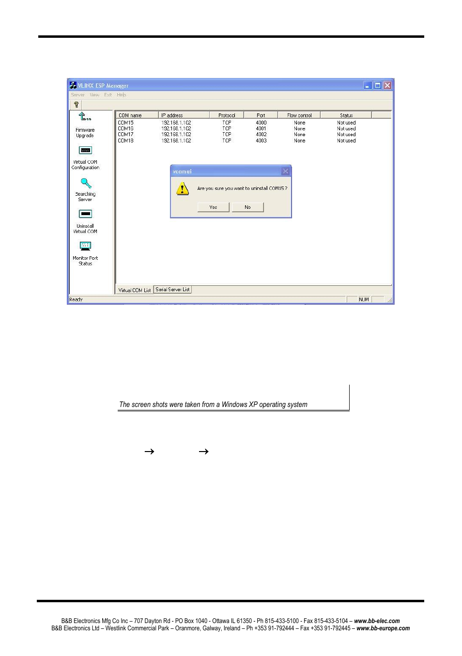 Emoving the, Irtual, Ort using | Evice, Anager, Removing the virtual com port using device manager | B&B Electronics ESP904 - Manual User Manual | Page 56 / 90