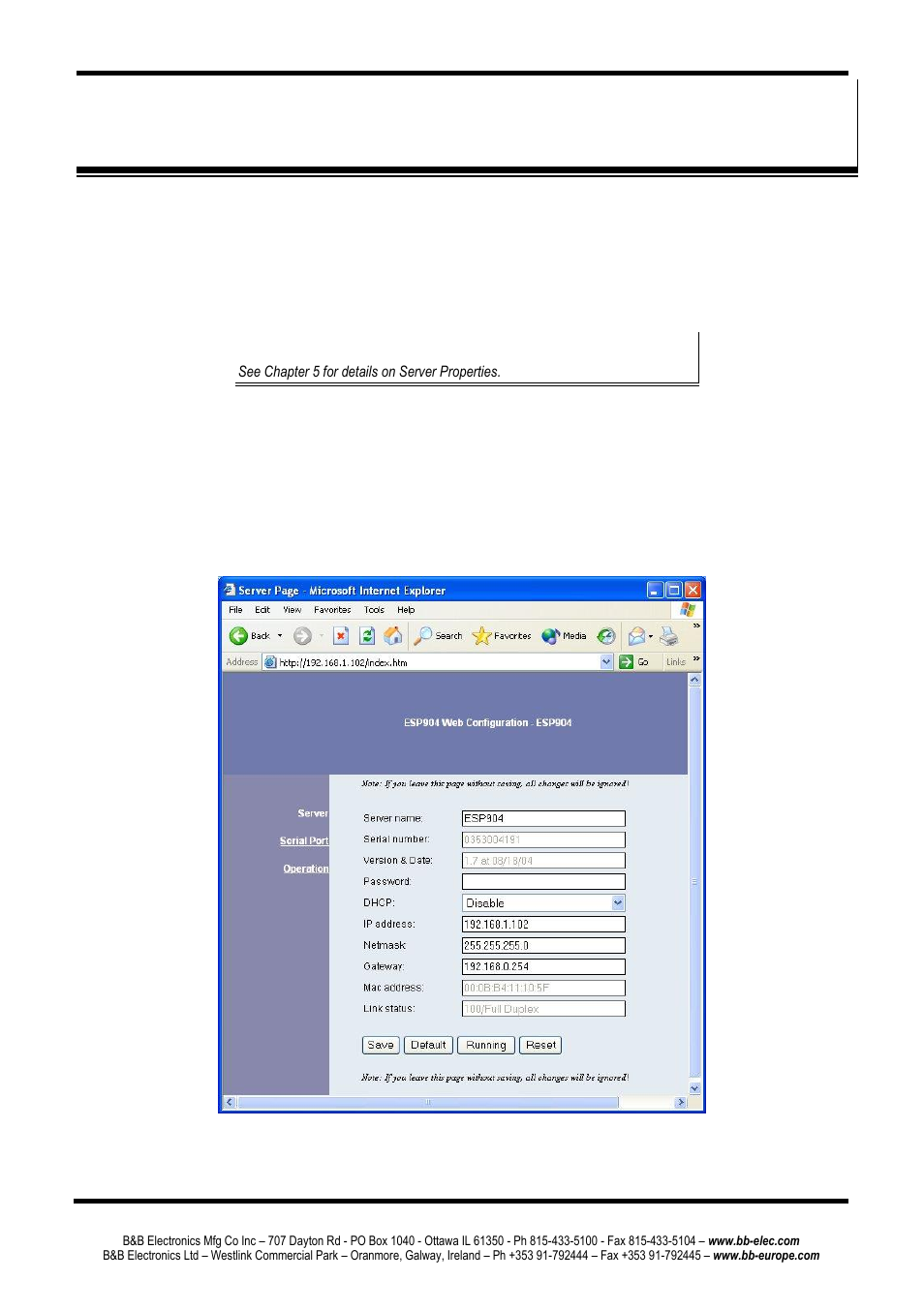 Chapter 10: using the web server, Etting, Erver | Roperties | B&B Electronics ESP904 - Manual User Manual | Page 65 / 90