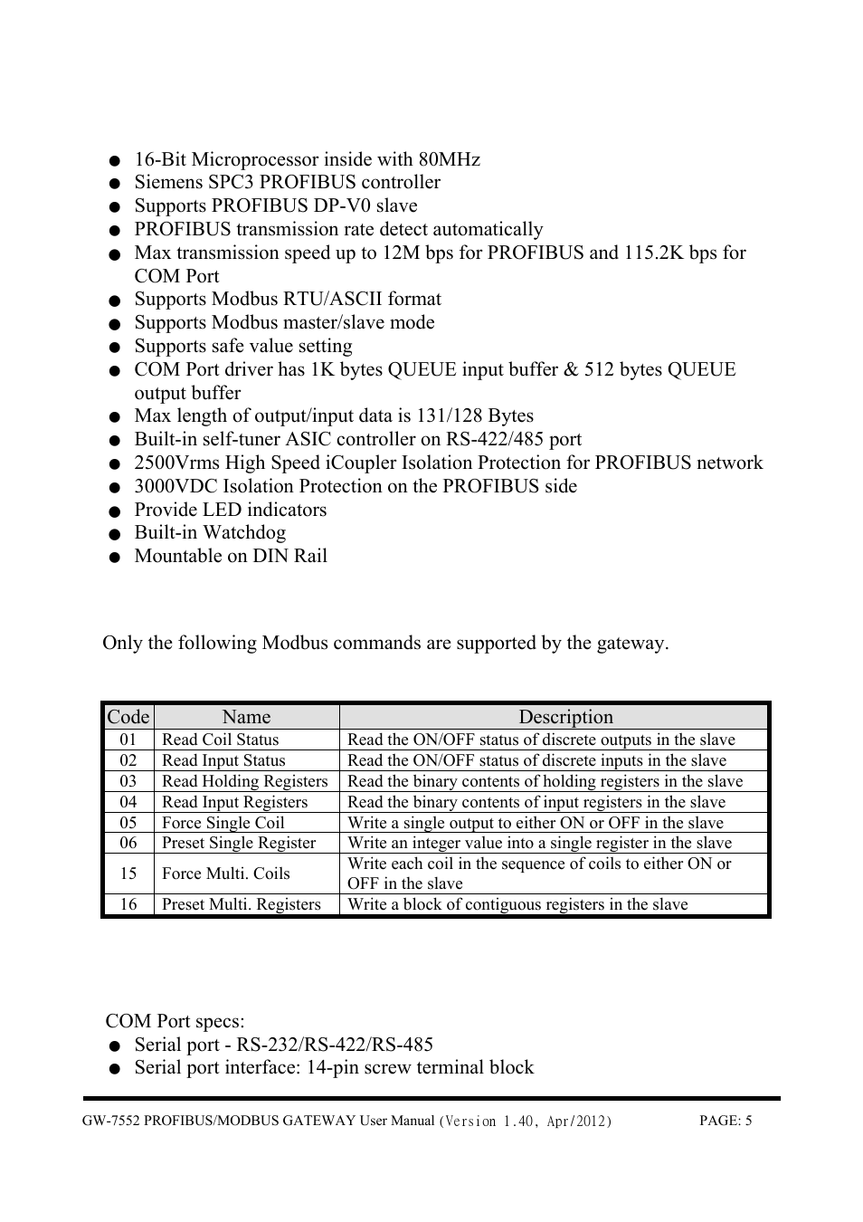 1 features, 2 modules support, 3 specification | B&B Electronics GW-7552 - Manual User Manual | Page 5 / 67